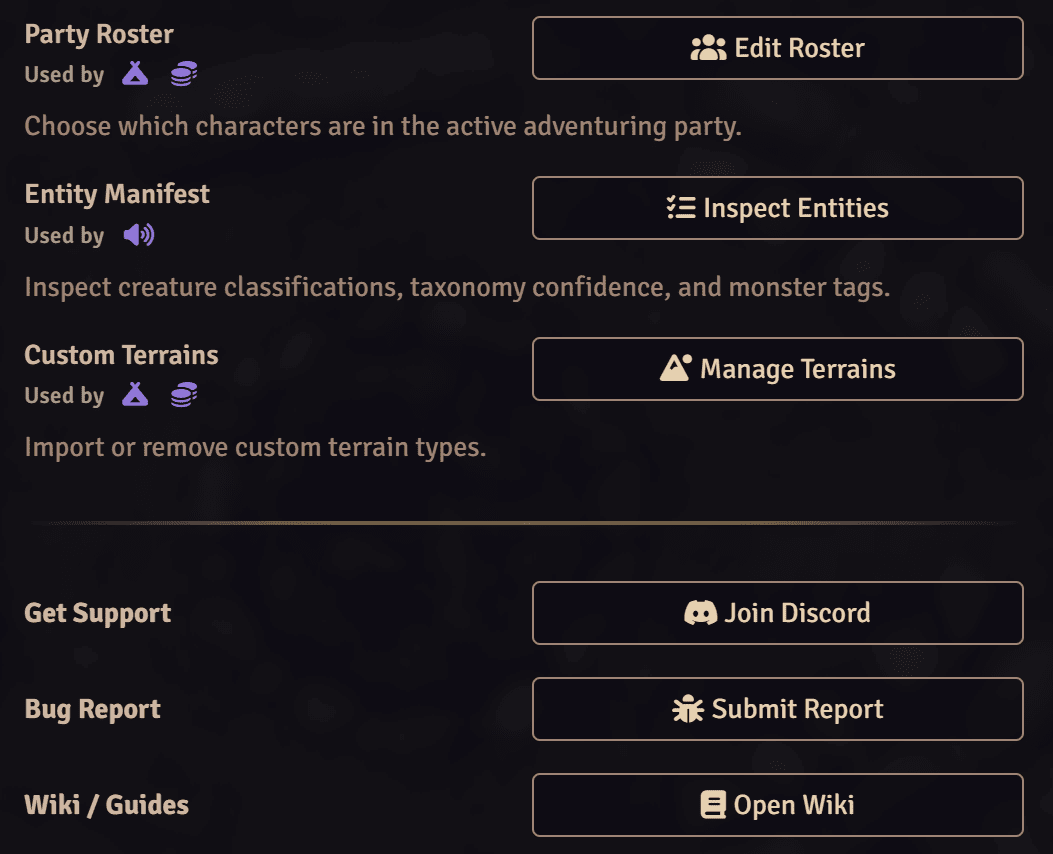 Ionrift Library settings panel with buttons to edit the party roster, inspect entities and manage custom terrains, each marked with icons for the modules that use it, followed by links to join Discord, submit a bug report and open the wiki.