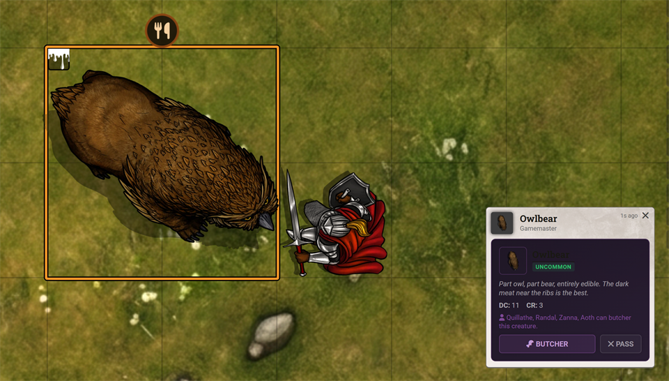 Butchering an owlbear into culinary components in Monstrous Feast